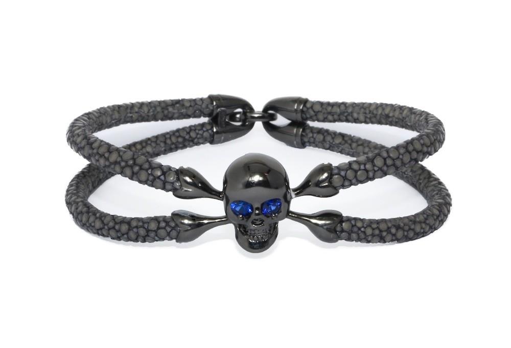 Sting HD: Sting Ray Double Grey Skull Bracelet W/ Silver Black Plated Accents & 2 Round Sapphires In Eyes
Size 7.5