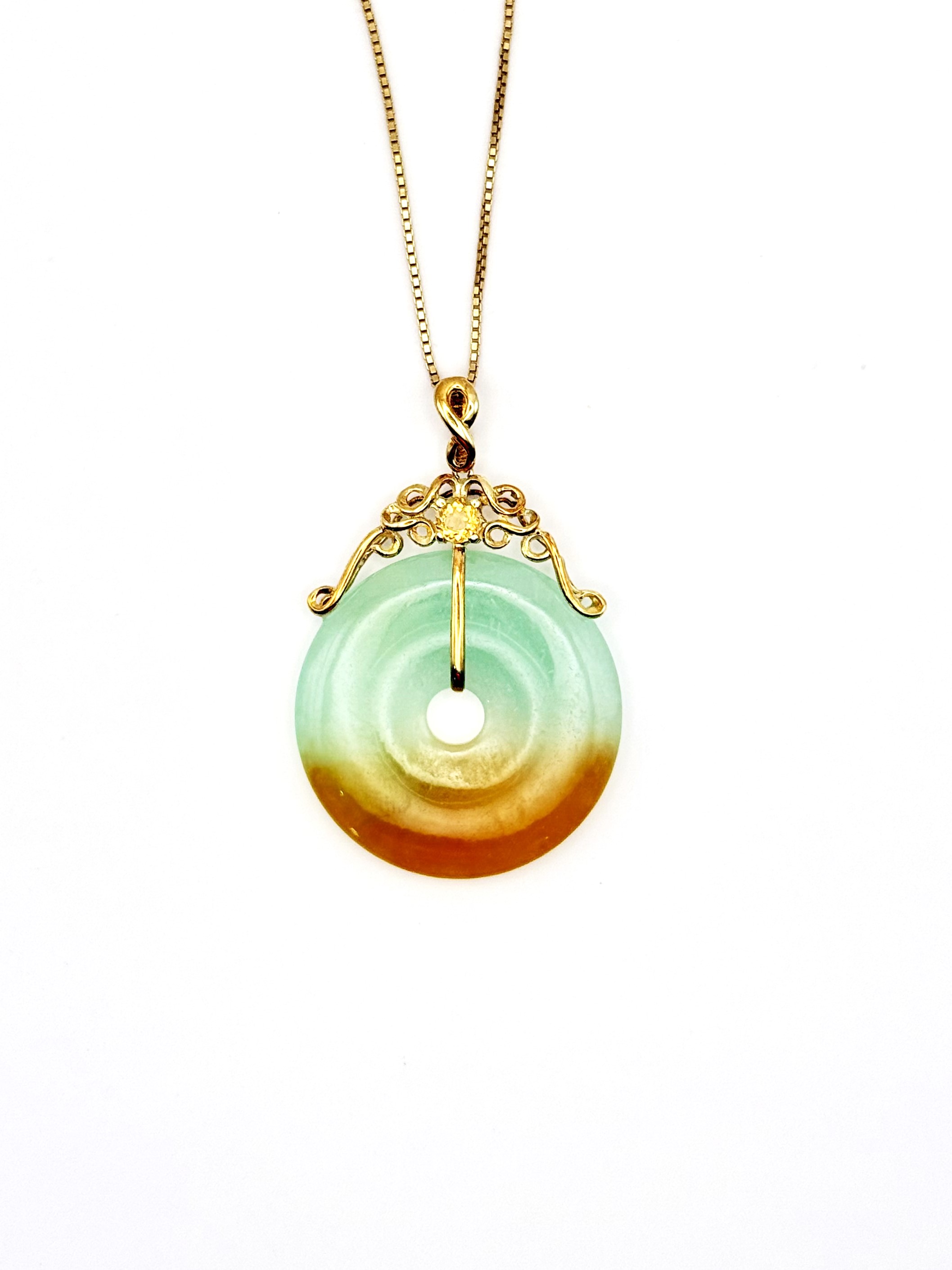 14 Karat Yellow Gold Jade  Donut Pendant With Round Citrine on 18