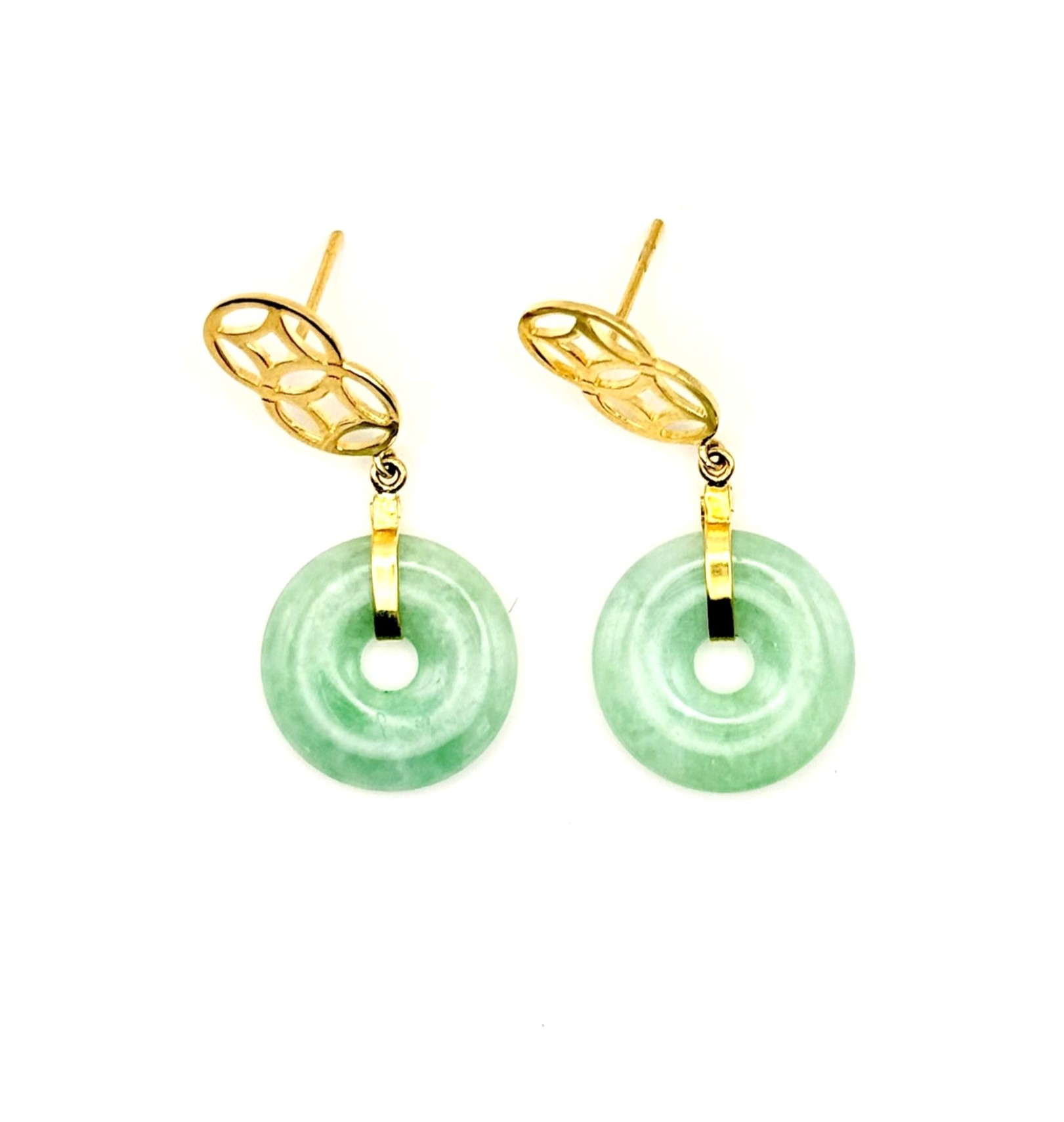 14 Karat Yellow Gold Dangle Jade Donut Earrings