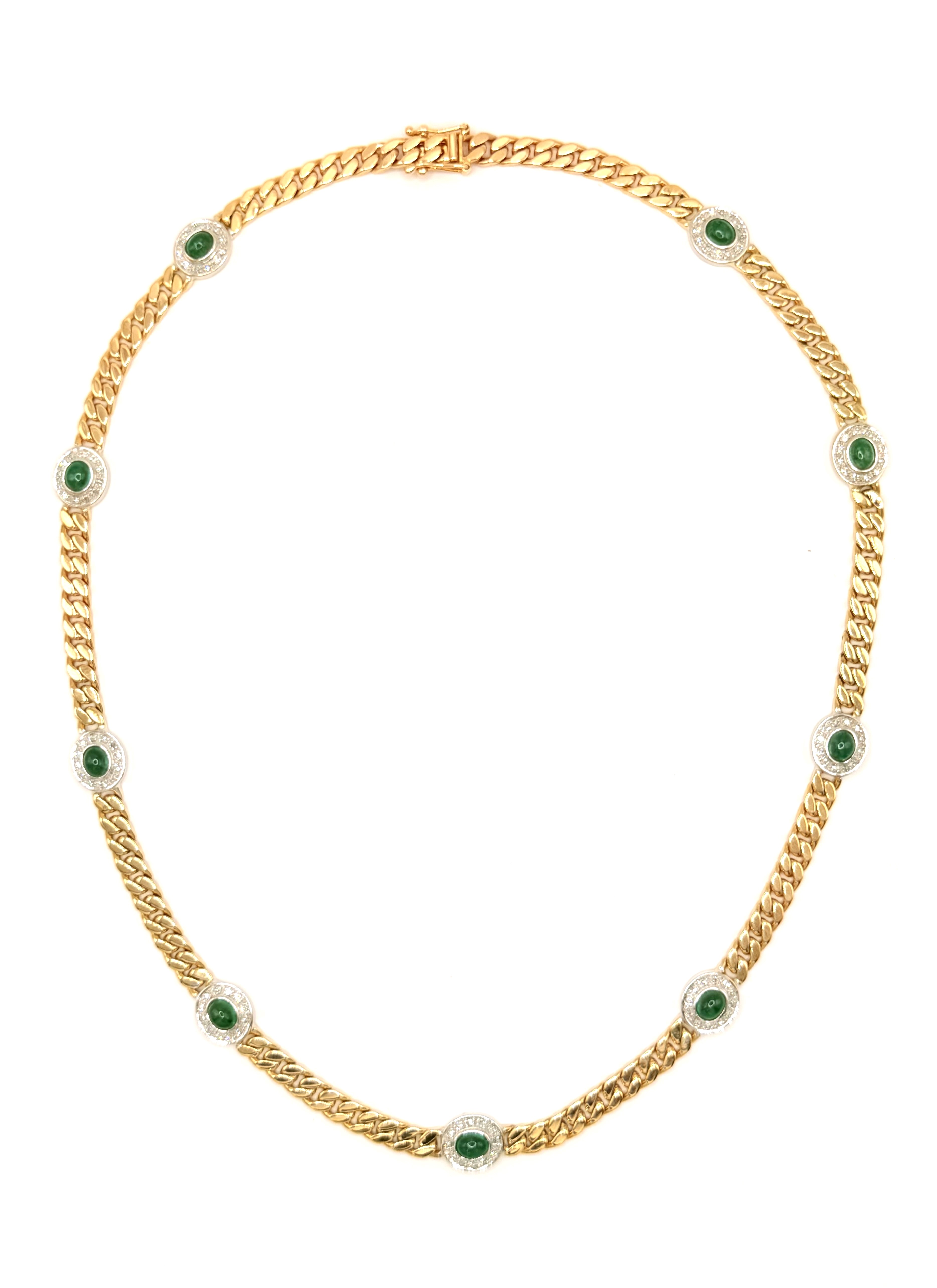 Estate 14 Karat Yellow/White Station Necklace With 108=1.00Tw Single Cut Diamonds And 9=5.00X4.00mm Cabochon Oval Emeralds Length: 18