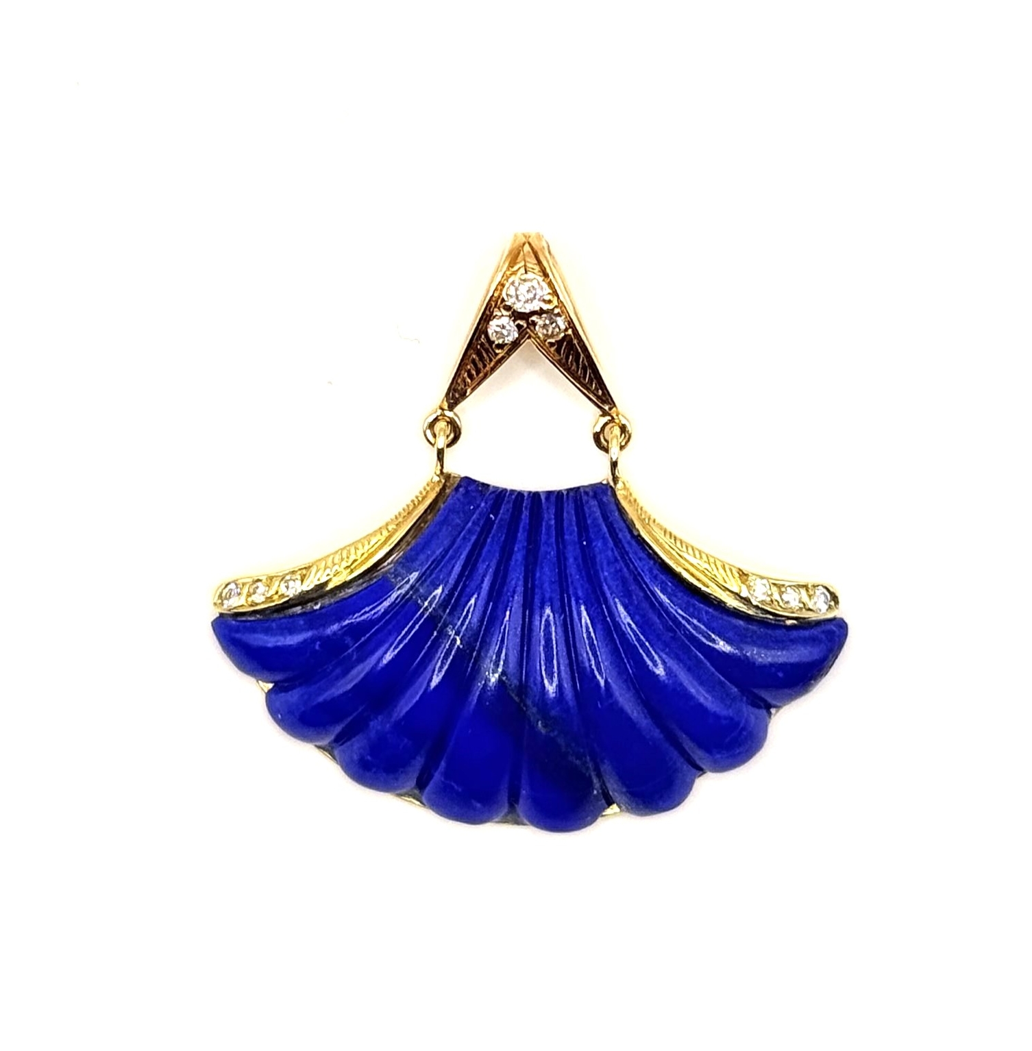 Estate 14 Karat Yellow Lapis & Diamond Fan Gold Pendant With 9= Round Diamonds