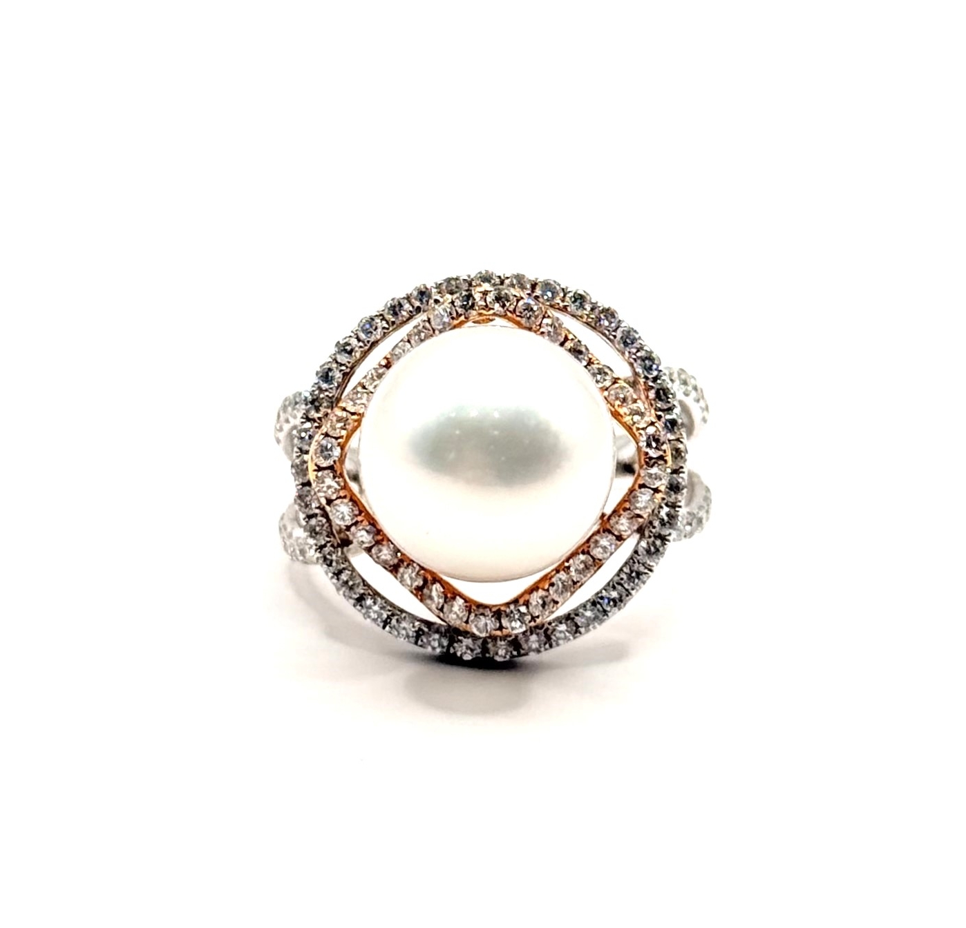 Estate Signature Collection 18 Karat White/Rose Gold Ring With One 11.5mm Round Pearl And 1.04Tw Round Diamonds (AS IS)