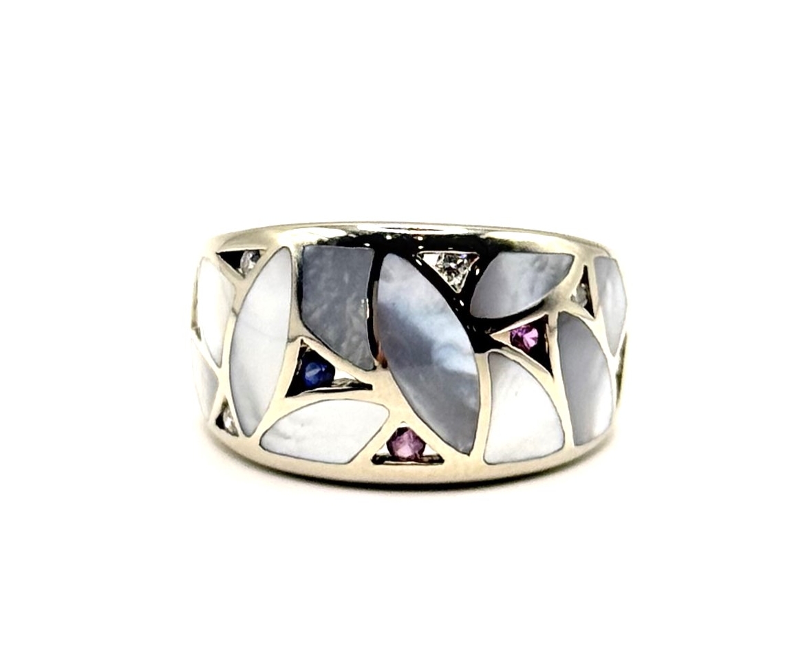 14 Karat White Gold   ESTATE Mother of pearl, diamond & colored sapphire inlay Bagley & Hotchkiss designer 6 round diamonds = .08 ct3 pink sapphires  1.5 mm 1 blue sapphire