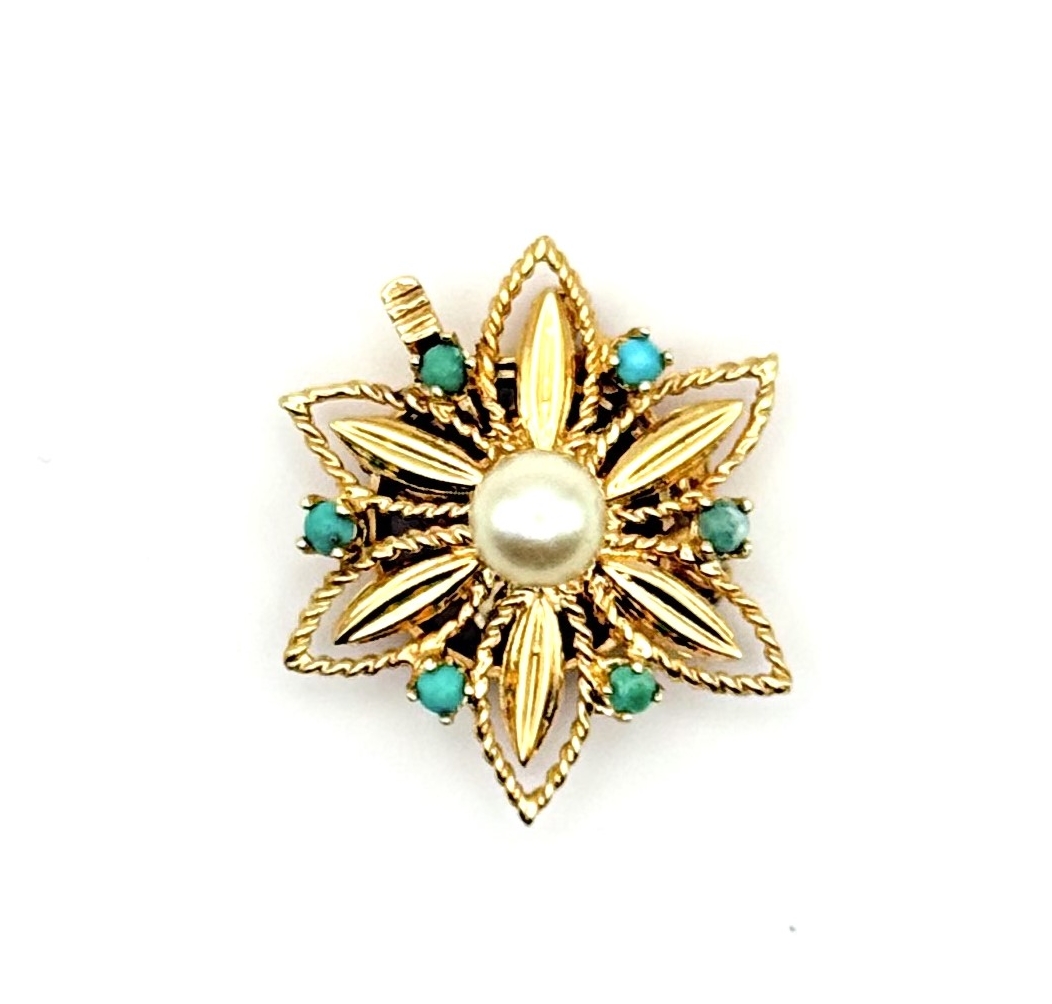 Estate 14 Karat Yellow Gold Pearl Clasp With 6mm Pearl & Turquoise (AS IS)
For single strand