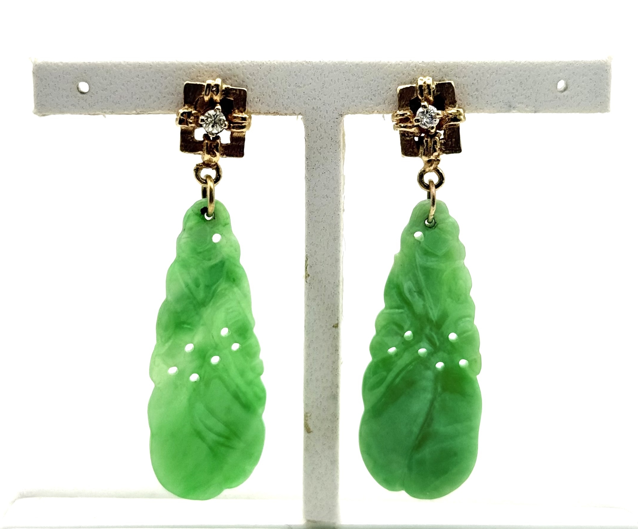 Estate14 Karat Yellow Gold  Jade & Diamond Dangle Earrings With Posts And Friction Backs (AS IS)