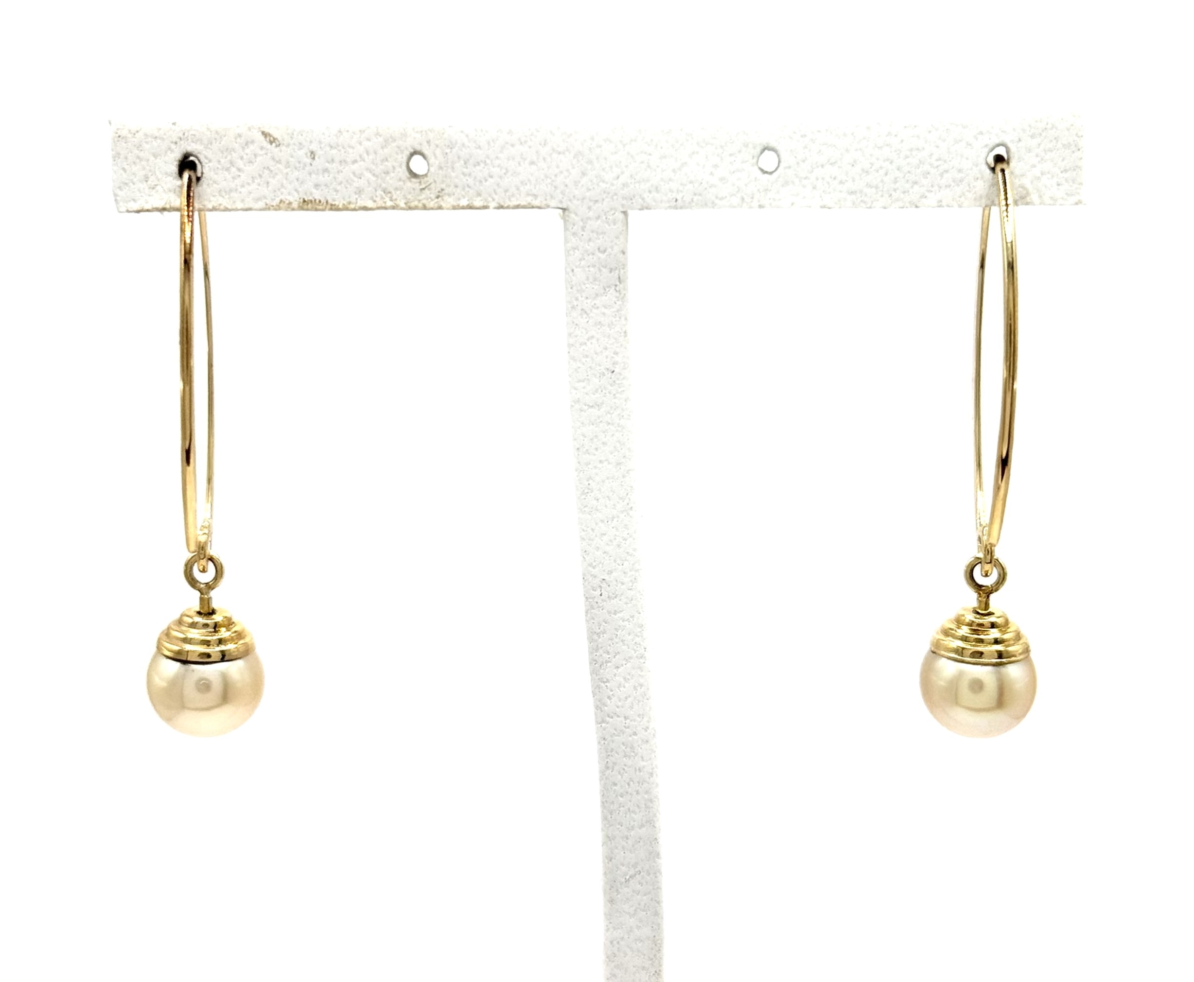 Estate14 Karat Yellow Gold  2=7.5mm Round Golden Pearl Dangle Earrings (AS IS)