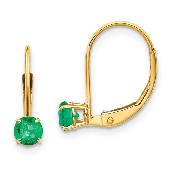 14 karat yellow gold 4.0 mm round cut emerald leverback earrings