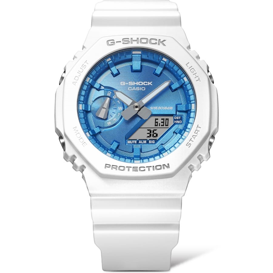 Casio G-Shock White Resin Strap Watch with Blue Dial (Model: GA2100WS-7A)