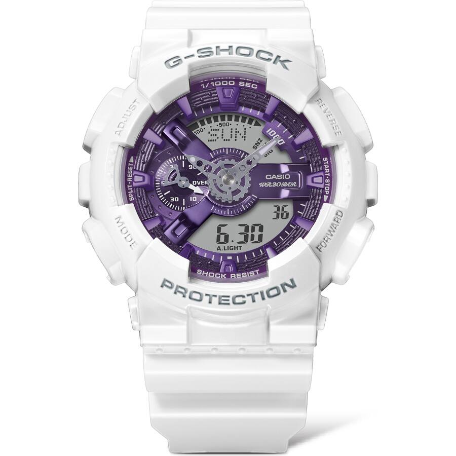 Casio G-Shock White Resin Strap Watch with Metallic Purple Dial (Model: GA110WS-7A)