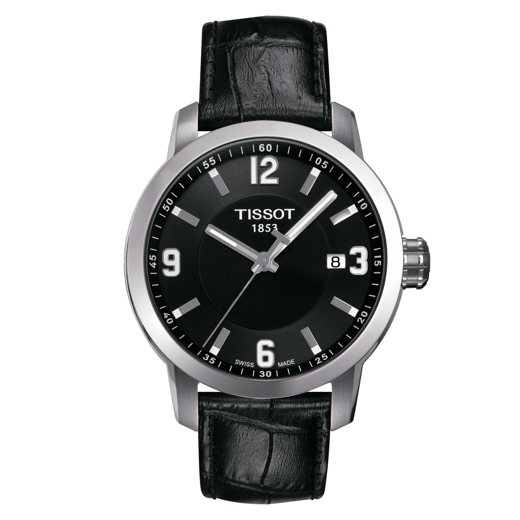 TISSOT PRC 200 (T055.410.16.057.00)
316L stainless steel case
screw-down crown and caseback
Scratch-resistant sapphire crystal
Black Dial with arabic and indexes
Quartz</li>
Black Leather Strap with butterfly clasp
Water-resistant up to a pressure