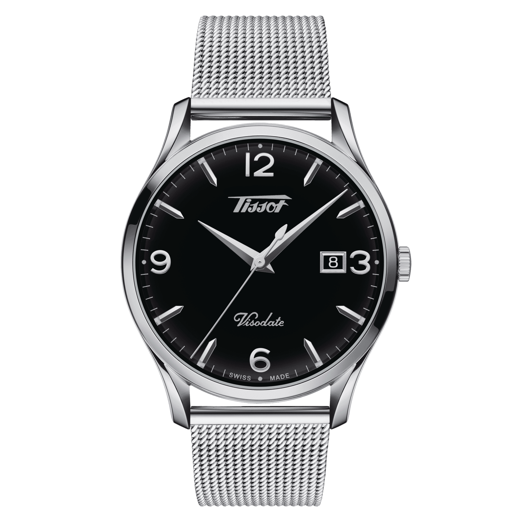 Tissot Heritage Visodate (T118.410.11.057.00)
40mm stainless steel case
Black dial
Silver-toned hands and indices
Arabic numerals
Date window
Swiss quartz movement
Domed scratch-resistant sapphire crystal
Water resistant to 30 meters
Stainless st