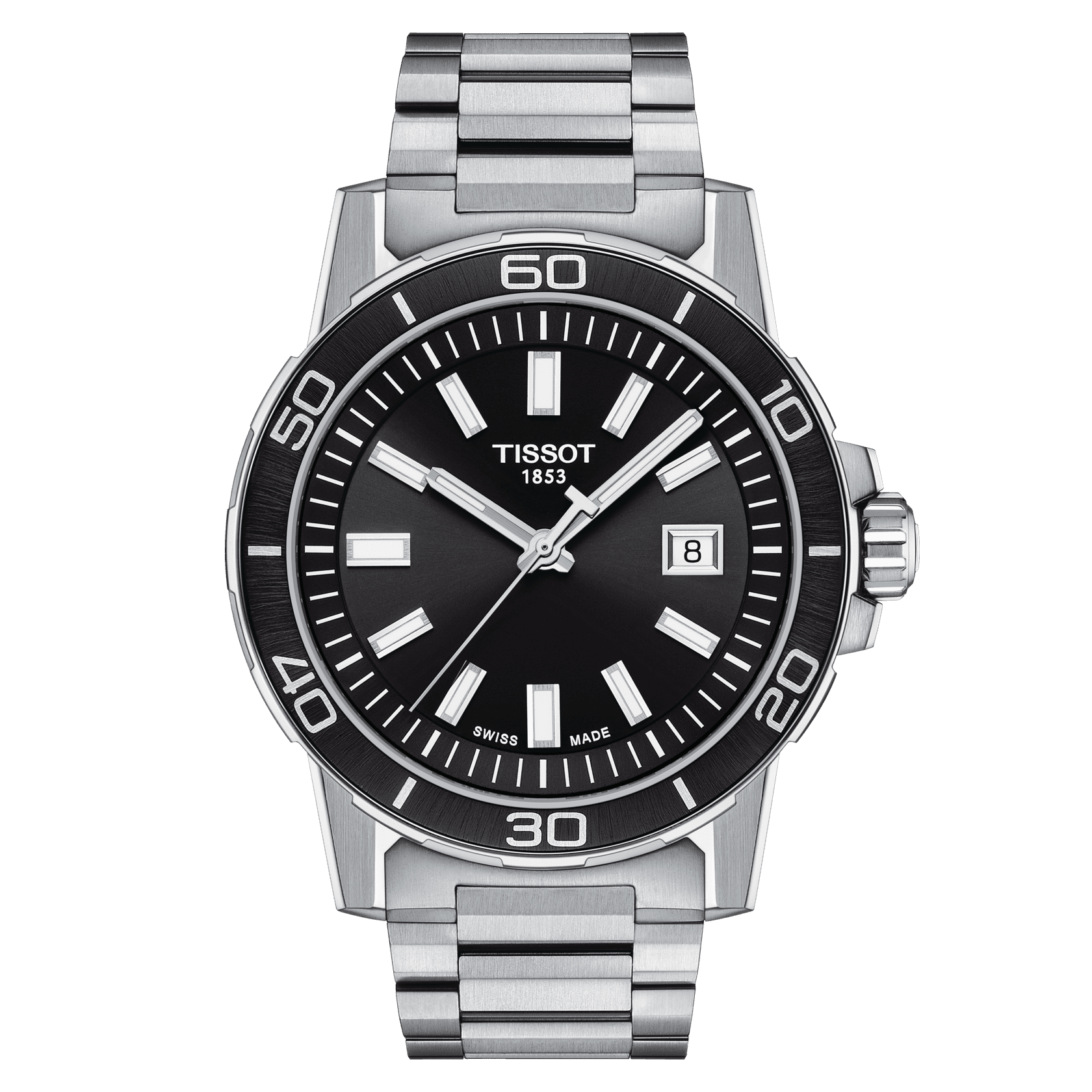 TISSOT SUPERSPORT GENT QUARTZ (T125.610.11.051.00)
Case 44mm/316L stainless steel case
Case options  Aluminium bezel ring
Crystal  Scratch-resistant sapphire crystal
Dial Black with indexes
Movement Swiss quartz/ETA F06.115
Functions EOL (battery en